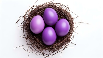 Top View of purple Eggs in a Nest on a white Background. Easter Template with Copy Space