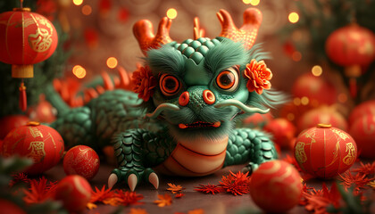 Mystical, fantasy Cute 3D Green Dragon  between Paper red lanterns with shiny light on the background