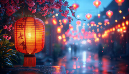 Paper red lanterns with Blur lights in the Asian city in the background. Celebration of chinese new...