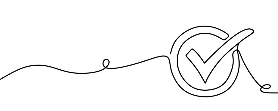 Continuous one line drawing of check mark inside circle, approval and confirmation symbol concept