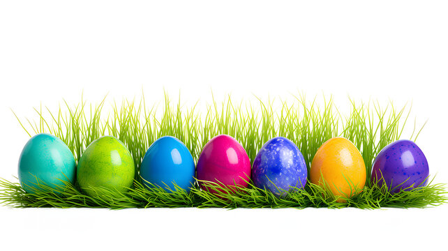 Collection of colorful painted Easter eggs on green grass and transparent background.