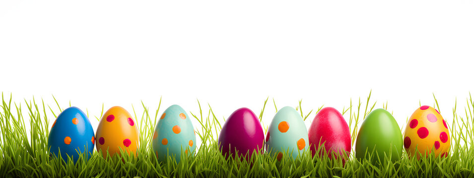 Collection of colorful painted Easter eggs on green grass and transparent background.