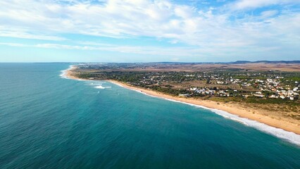 aerial view along the beach towards Zahora, Playa de las Plumas, Vejer de la Frontera, Costa de la Luz, Andalusia, Spain
