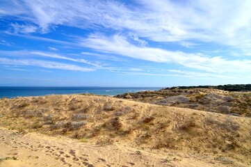 view over the dunes near the lighthouse Faro de Trafalgar at a sandy headland between Los Caños de Meca and Zahora, Vejer de la Frontera, Costa de la Luz, Andalusia, Spain