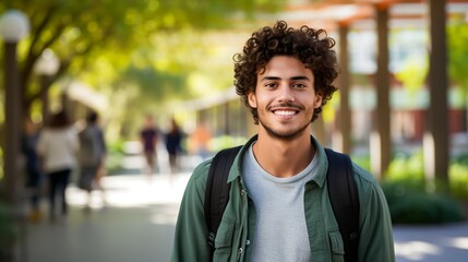 Smiling young male college student with curly hair and a backpack - obrazy, fototapety, plakaty