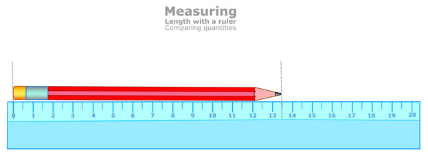 Measuring length. Comparing quantities. Objects using ruler. Distance, pen displacement locations. Transparent ruler, pencil measure baseline. Science educational. Math, geometry. Vector illustration