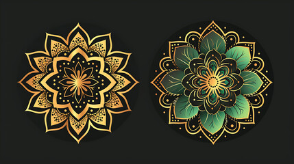 Gilded Symphony: An Opulent Flat Design Floral Mandala in Radiant Golden and Lush Green Hues, Blossoming on the Inky Canvas of a Black Background – A Harmonious Concept of Mandala Design.