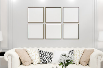 White living room interior with sofa and decoration. Mockup copy space wall. 3D rendering