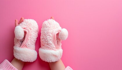 Textile slippers for baby girls in a feminine hand on pink background with copy space, Cute Baby Shoes for Kids on Pink Background