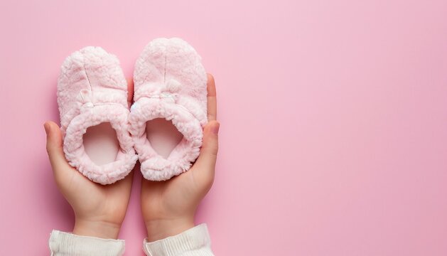 Textile Slippers For Baby Girls In A Feminine Hand On Pink Background With Copy Space, Cute Baby Shoes For Kids On Pink Background