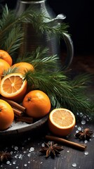 A Plate of Oranges and Cinnamon Sticks on a Table
