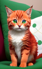 drawing of a red cat with green eyes, background, AI generation