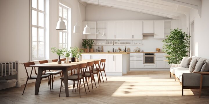 Cozy modern Scandinavian-style white kitchen with dining zone and farmhouse-style white living room in loft apartment. . High-quality photo.