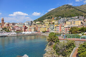 The colorful italian riviera landscape of Porticciolo dock and pier in Genova Nervi - obrazy, fototapety, plakaty