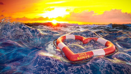 Rettungsring in Herzform treibt in stürmischer See bei Sonnenuntergang - Love Rescue - obrazy, fototapety, plakaty