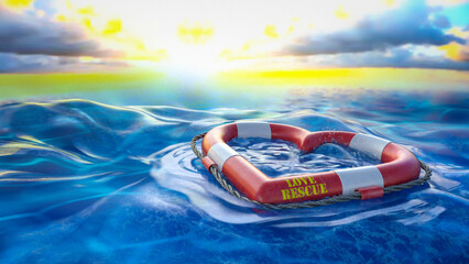 Rettungsring in Herzform treibt im Meer nach stürmischem Wetter bei Sonnenuntergang - Love Rescue - obrazy, fototapety, plakaty