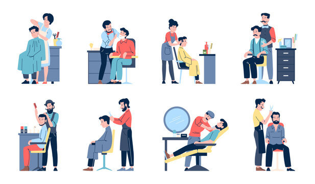 Barbers characters. Male in barbershop, hairdresser and clients. Beauty salon for men, stylish guys doing haircut and care beard, recent vector set