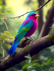 colorful bird sits on a branch in the forest