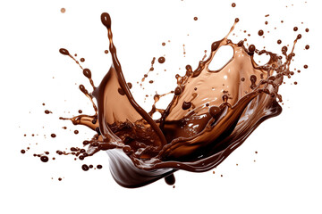 Food photography. Splash of liquid brown chocolate with splashing drops, on a transparent background