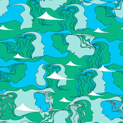 seamless pattern - calm sea, silhouettes, two waves.