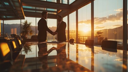 business people shaking hands in office, window in background, sunshine, Men in suits and ties, 
