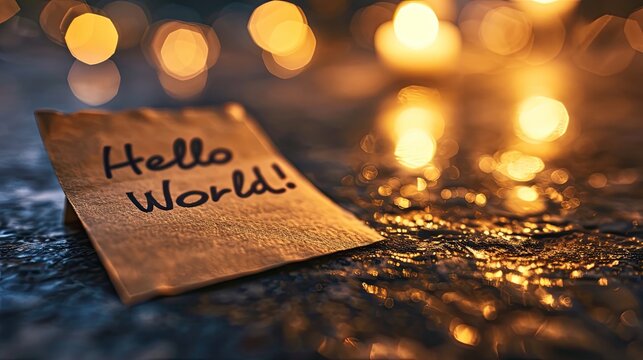 A photo with the text "Hello World!" written with a marker on a sticky note