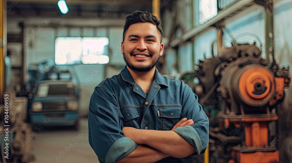 Poster Spanish man as a mechanic posing happy inside the workshop.