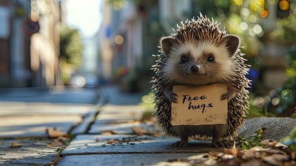 Cute porcupine with open arms, carrying a sign with the words "Free Hugs" written on it.