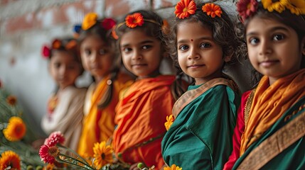 Indian girls in a row, dressing with traditional sari.