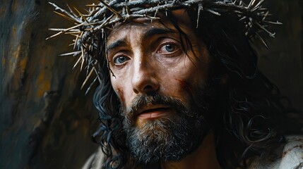 Portrait,  Jesus of Nazareth with the thorn crown, suffering punishment. - obrazy, fototapety, plakaty
