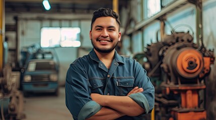 Obraz premium Spanish man as a mechanic posing happy inside the workshop.