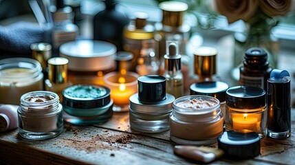 Jars with creams, powders and makeup utensils. - obrazy, fototapety, plakaty