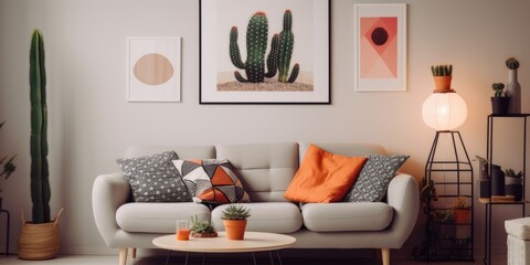 Cacti and geometric art above sofa with cushions, alongside black lamp in cozy living room.