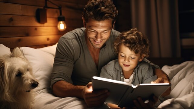 Father reading a book to his son in bed