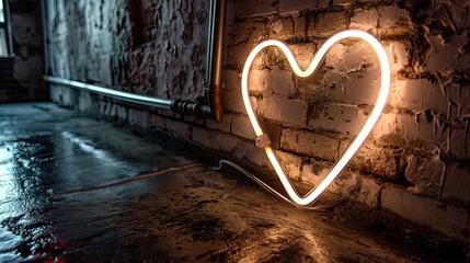 white neon heart sign on a brick wall at night