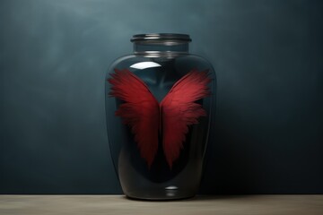 Red wings of bird silt feathers in glass jar on dark background. Generative AI