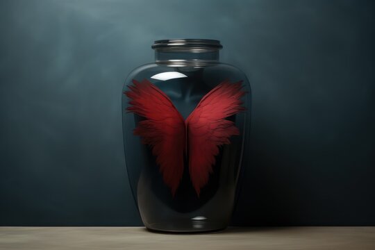 Red wings of bird silt feathers in glass jar on dark background. Generative AI