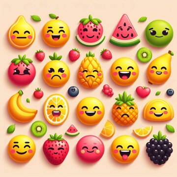 Emojis o emoticonos divertidos de frutas y verduras, alimentación sana