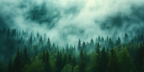 Forest with misty trees and clouds

