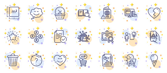 Fototapeta na wymiar Outline set of Smile chat, Last minute and Search book line icons for web app. Include Business idea, Video conference, Quiz pictogram icons. Food app, Trash bin, Vip shopping signs. Vector