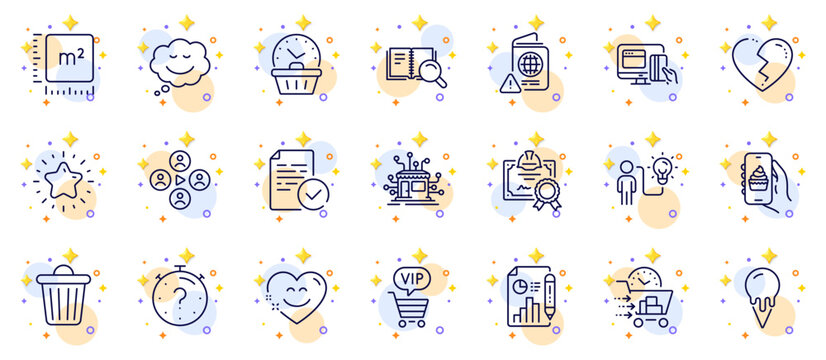 Outline set of Smile chat, Last minute and Search book line icons for web app. Include Business idea, Video conference, Quiz pictogram icons. Food app, Trash bin, Vip shopping signs. Vector