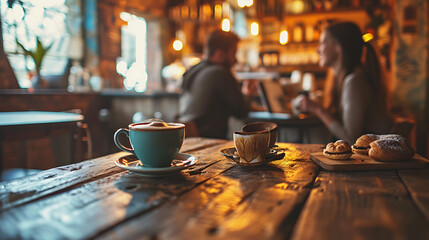 coffee cup on the table in a cafe with people drinking.  - obrazy, fototapety, plakaty