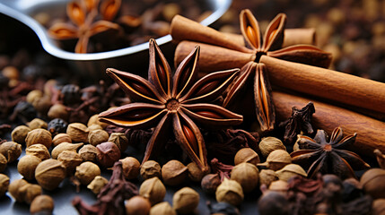 Lots of three spices for mulled wine star anise - obrazy, fototapety, plakaty