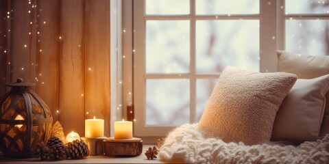Cozy home decor with Christmas elements and copy space.