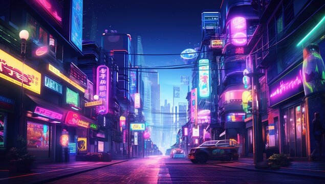 futuristic night city street with neon lights and cars