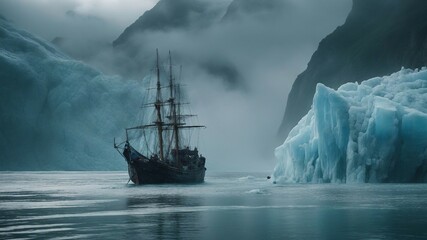 Obraz premium A scary boat sailing near a glacier of slime, with fog, , 