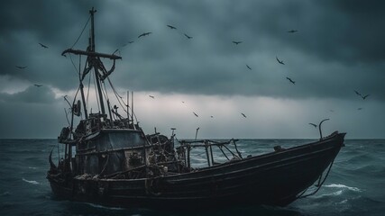 A scary fishing boat in a dark sea, with thunder,  ,  