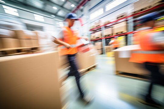 Warehouse workers in motion blur