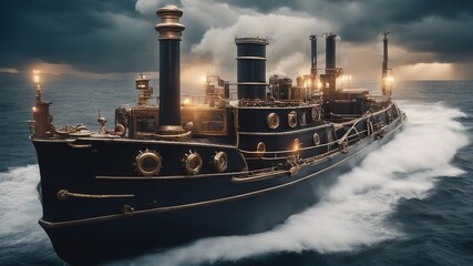 A steam-powered boat with metal gears and pipes, navigating through a sea  