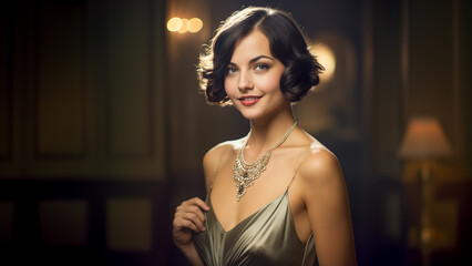 Elegant brunette young adult female in 1920s fashion, silver dress within art deco interior, glamour and style at roaring twenties themed party.
